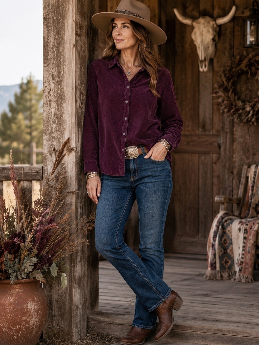 J.Jill Corduroy Button Down Shirt Large Plum Burgundy 100% Cotton Boho Western